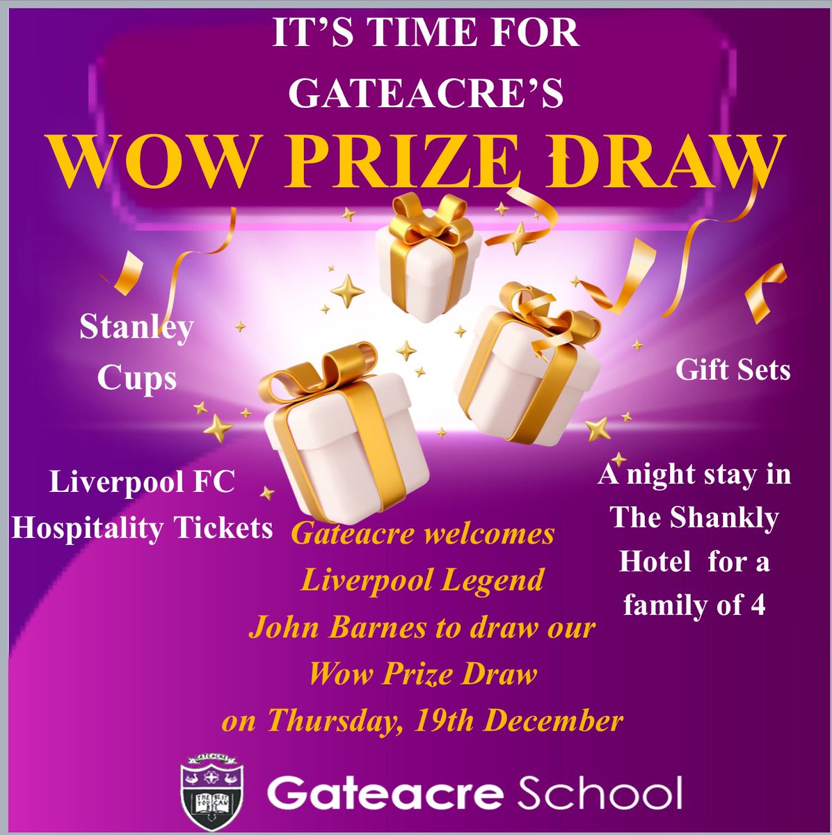 GateacreSchool's tweet photo. Wonderful treat to have @LiverpoolFC legend John Barnes deliver our Wow Prize Draw for pupils who’ve shown consistent #Excellence all term. Gateacre Greats in the making #WeAreGateacre #Christmas #GREATvalues https://t.co/vMLmT7yWgp