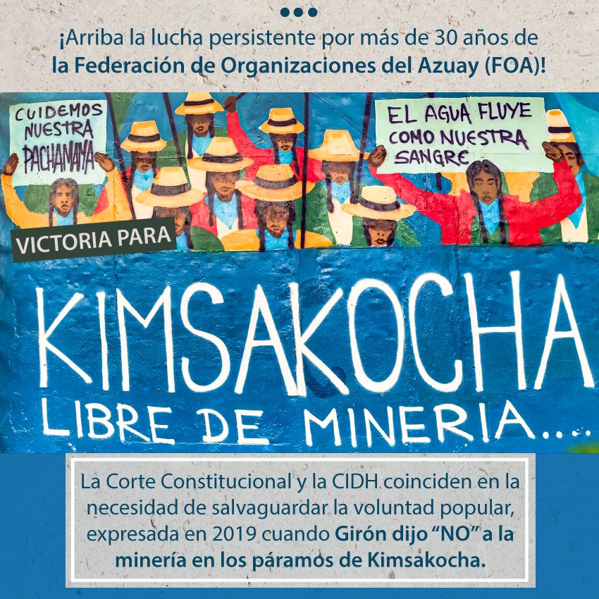 FIAN Ecuador (@fian_ecuador) on Twitter photo ¡El agua vale más que el oro!
<a href="/CorteConstEcu/">Corte Constitucional</a> rechazó la acción de inconstitucionalidad presentada contra consulta popular de Girón. A la par <a href="/CIDH/">CIDH - IACHR</a> aceptó la demanda de <a href="/foazuay93/">Foa Azuay</a> y otras orgs para que 🇪🇨responda ante los incumplimientos de las consultas de #Kimsacocha <a href="/SRWatSan/">Pedro Arrojo Agudo, UN Special Rapporteur</a> ¡El agua vale más que el oro!
<a href="/CorteConstEcu/">Corte Constitucional</a> rechazó la acción de inconstitucionalidad presentada contra consulta popular de Girón. A la par <a href="/CIDH/">CIDH - IACHR</a> aceptó la demanda de <a href="/foazuay93/">Foa Azuay</a> y otras orgs para que 🇪🇨responda ante los incumplimientos de las consultas de #Kimsacocha <a href="/SRWatSan/">Pedro Arrojo Agudo, UN Special Rapporteur</a>