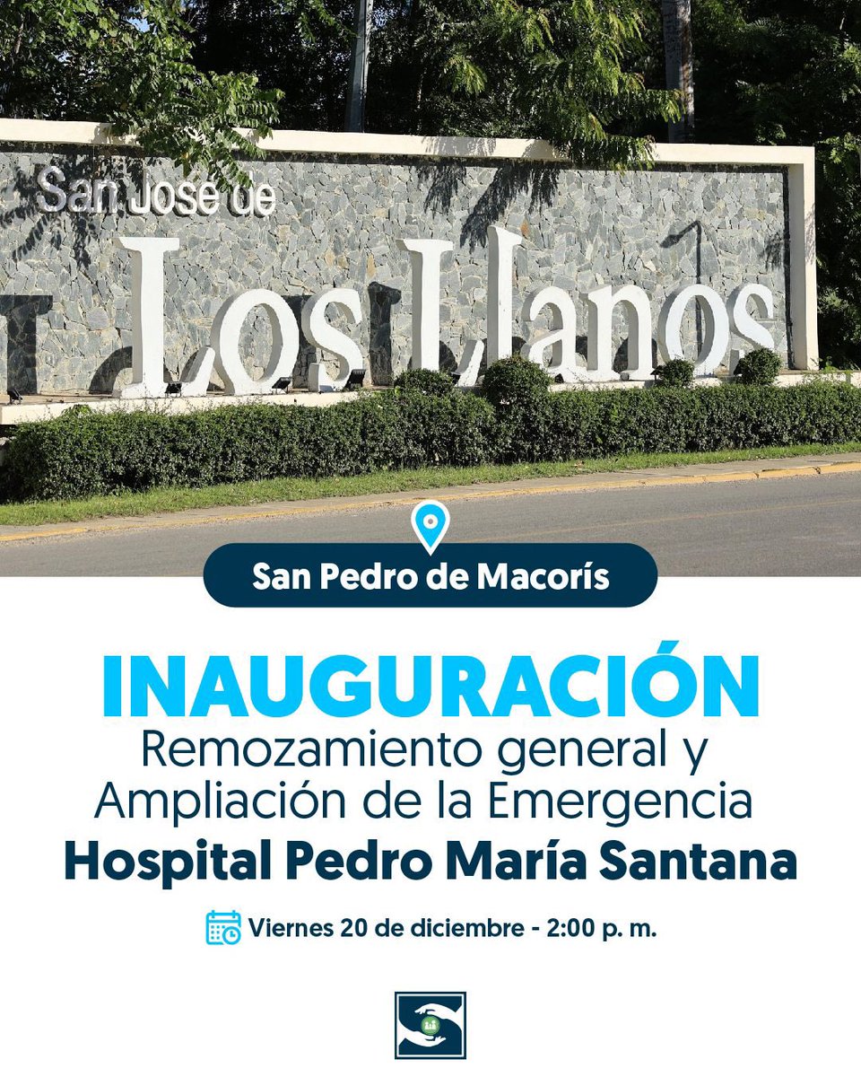 Servicio Nacional de Salud (@snsrdo) on Twitter photo La primera dama <a href="/raquelarbaje/">Raquel Arbaje</a> entregará el renovado <a href="/Pedromariasanta/">HospitalDr.PedroMariaSantana</a>, en Los Llanos, provincia San Pedro de Macorís, un centro que cuenta con una nueva y ampliada Emergencia para garantizar salud de calidad.
#HospitalPedroMaríaSantana
#SNSAvanza La primera dama <a href="/raquelarbaje/">Raquel Arbaje</a> entregará el renovado <a href="/Pedromariasanta/">HospitalDr.PedroMariaSantana</a>, en Los Llanos, provincia San Pedro de Macorís, un centro que cuenta con una nueva y ampliada Emergencia para garantizar salud de calidad.
#HospitalPedroMaríaSantana
#SNSAvanza
