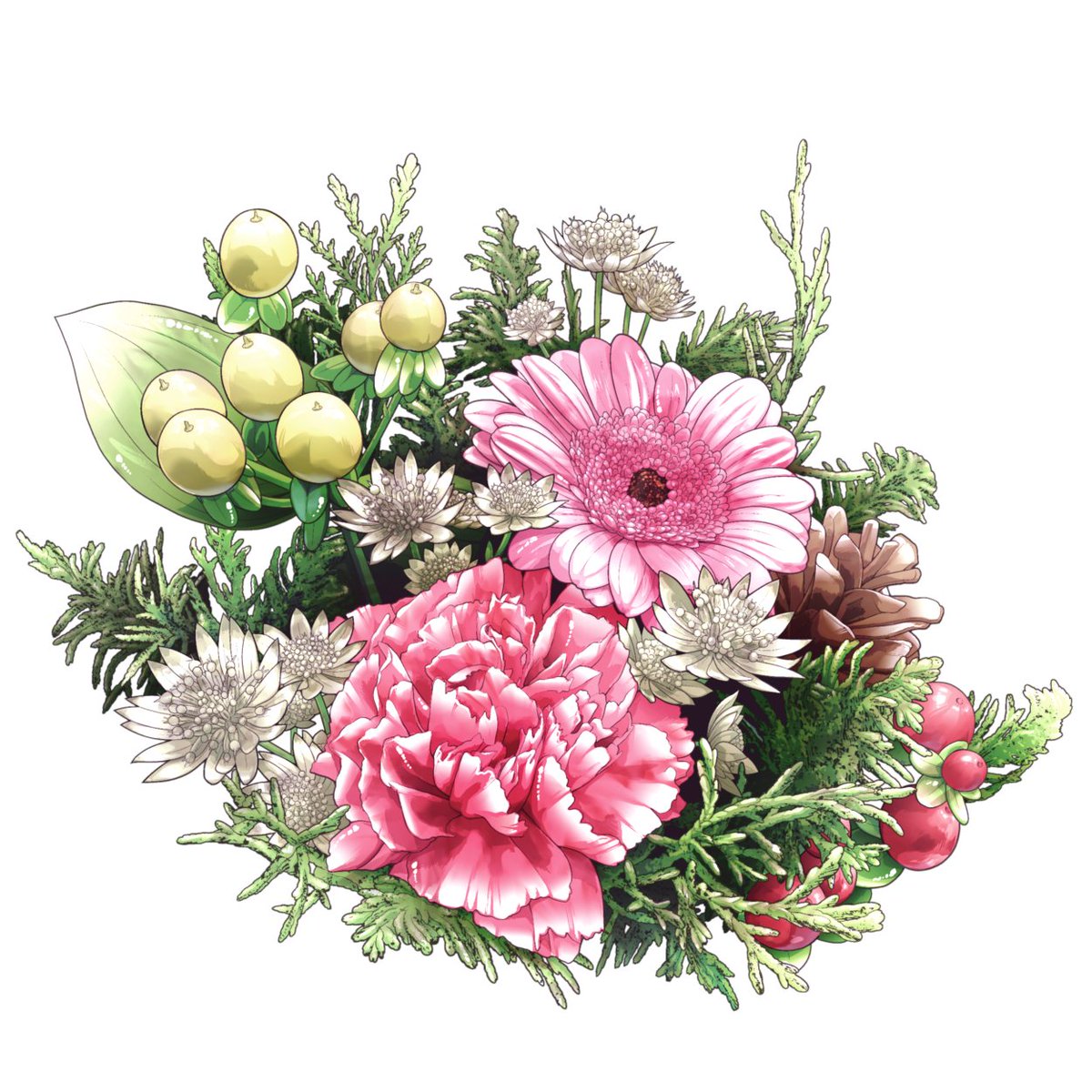「クリスマスアレンジメント風素材その2です。画面にちょこっと花を足したい時などにど」|東條チカのイラスト