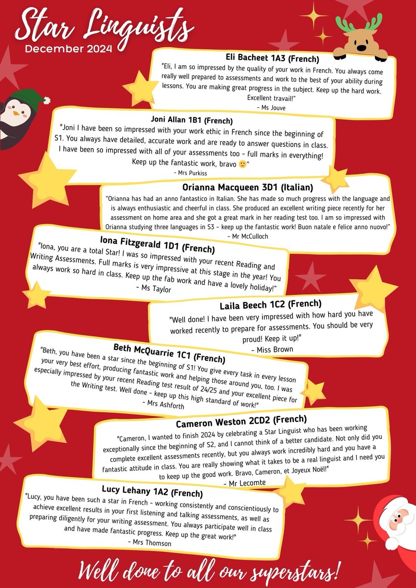 PHSModLangs's tweet image. Everyone in the ML dept wishes our pupils and their families a fantastic and relaxing festive break. Here's to a brilliant 2025! ๐ซ๐ท๐ช๐ธ๐ฎ๐น
Before we go, here are our last Star Linguists of 2024. Well done to all of these students and many more who did brilliantly in recent tests!