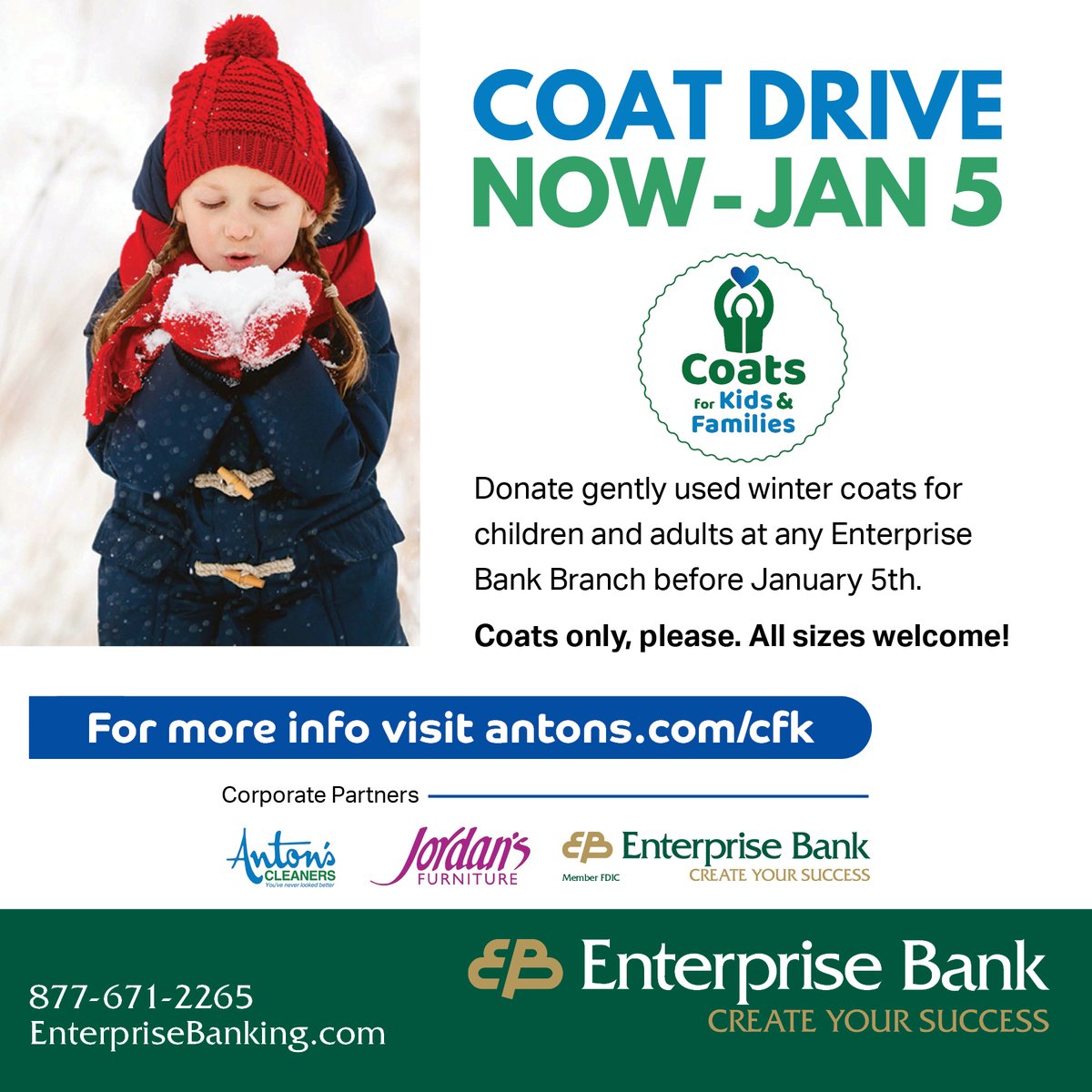 Please join us in supporting Coats for Kids by bringing your gently used coats to any Enterprise Bank, Anton's Cleaners and Jordan's Furniture location by Sunday, January 5th. Coats in all sizes—children’s and adults—are needed to help those in need this winter. ❄️