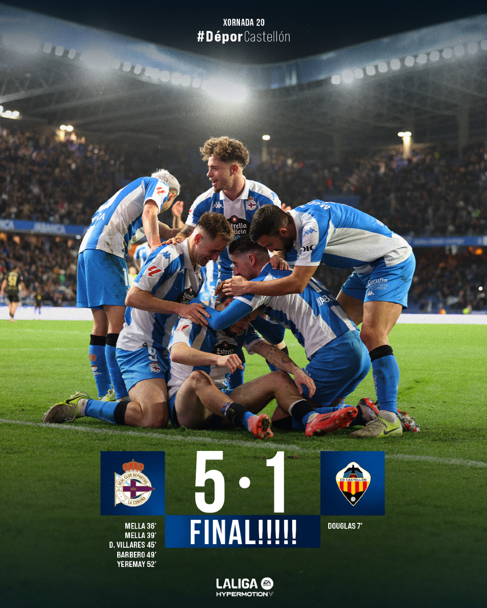 RCDeportivo's tweet photo. Fiiiiinaaaaal en #ABANCARIAZOR!

⏱️ 90+4’ | 5️⃣ - 1️⃣ |

#DéporCastellón #LaLigaHypermotion https://t.co/Bs5MTIJ5DC