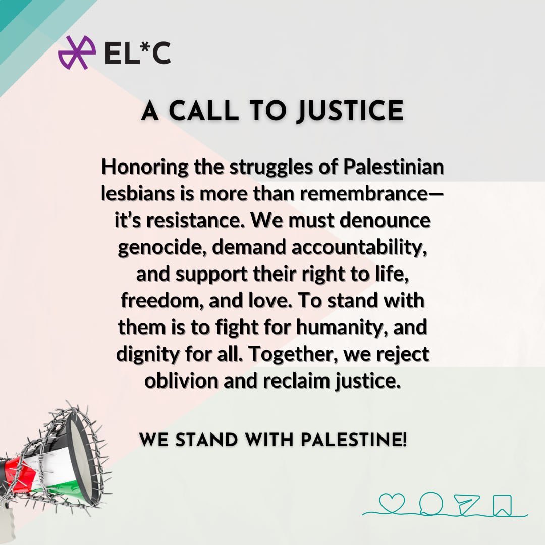 EuroLesbianCon's tweet photo. We stand in solidarity with our Palestinian lesbian sisters and all those resisting oppression in Gaza. Silence is complicity. Their fight is our fight. 

#StandWithGaza #LesbianSolidarity #JusticeForPalestine

🔗 Full article: https://t.co/nrCv4Rlilt https://t.co/xzCqOc3hsv