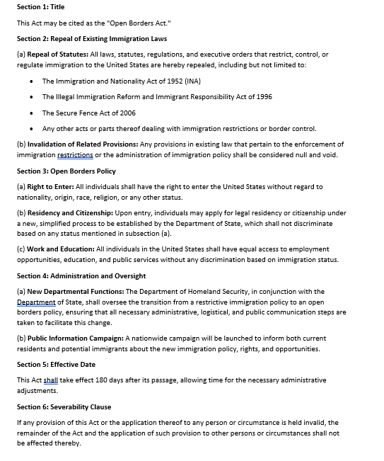 RMConservative's tweet photo. Not to give certain people any ideas, but now that we are measuring bills by page length and not outcomes, here is a way to declare open borders and abolish all immigration laws in one page. https://t.co/Zmwal3Z3JX