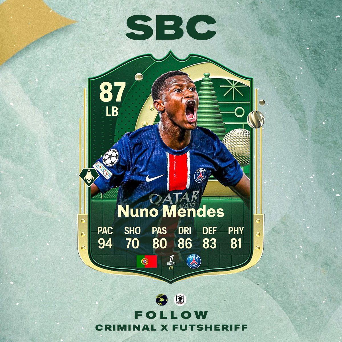 🚨Nuno Mendes 🇵🇹 is coming as WINTER WILDCARDS SBC SOON!☃️

Stats are prediction 👀

Follow <a href="/FutSheriff/">Fut Sheriff</a> &amp; <a href="/Criminal__x/">Sahil</a> ❄️
#FC25