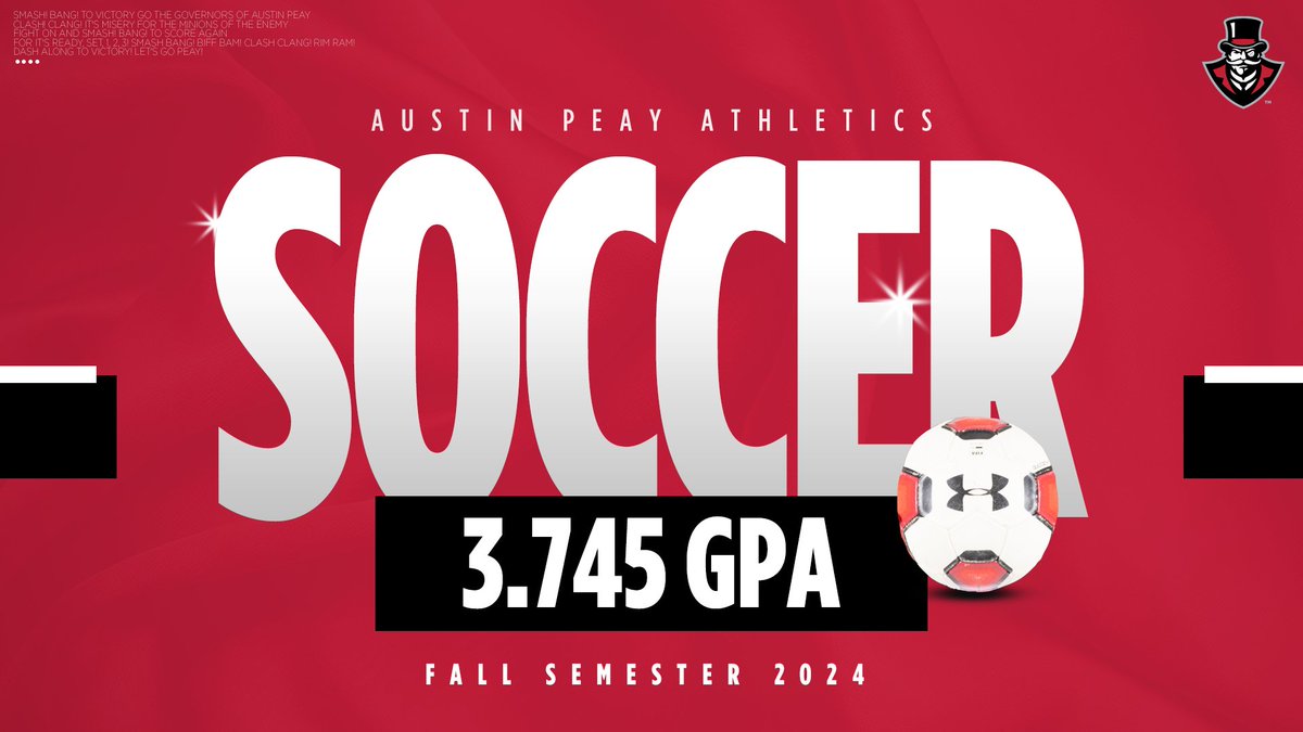 𝗔𝗡𝗢𝗧𝗛𝗘𝗥 record-breaking season in the classroom!🎩⚽️
Congrats to our team on achieving a record-breaking, 3.745 team-wide GPA this fall!

#GovsGetBetter | #LetsGoPeay