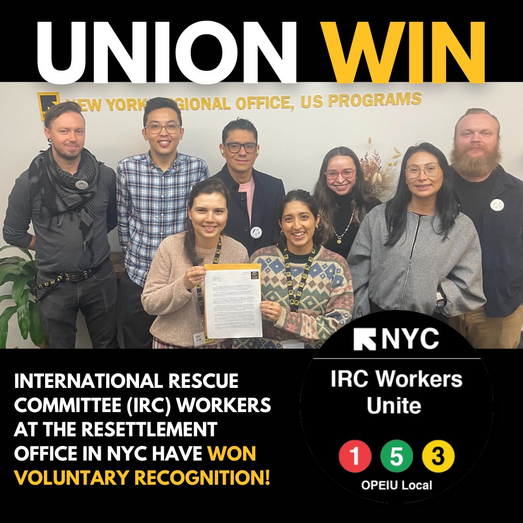 opeiu153's tweet image. International Rescue Committee (IRC) workers at the resettlement office in NYC have officially WON THEIR UNION!!!! 🥳

They are the 8th IRC regional office to unionize, joining @IRCworkersUNITE @OPEIU 💪