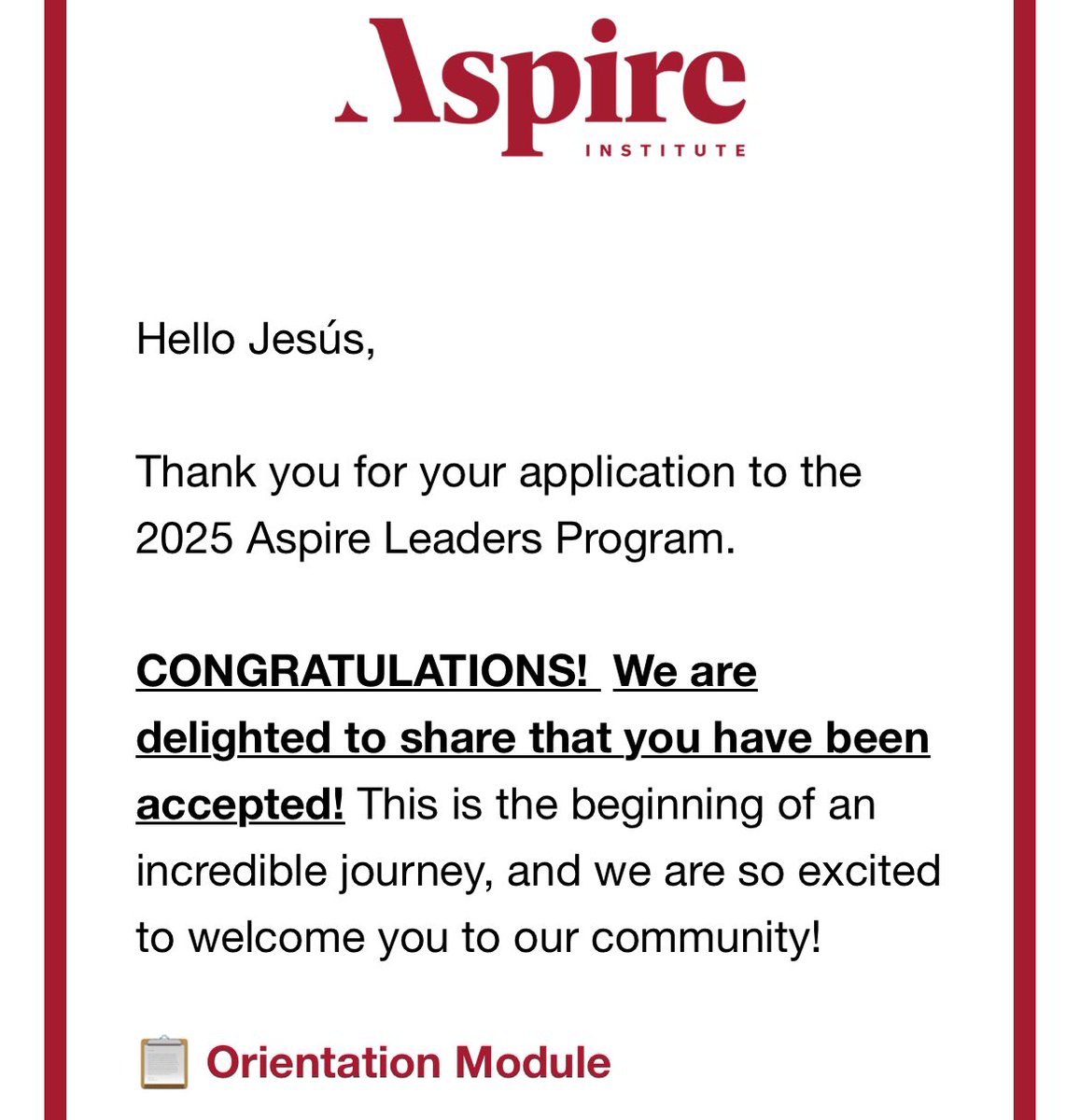 I am excited to share that I have been accepted into the Aspire Leaders Program, developed by <a href="/Harvard/">Harvard University</a> and offered through the <a href="/aspire_leaders/">Aspire Institute</a>. The future is full of possibilities!

#AspireLeaders #AspireInstitute #Harvard #GlobalLeadership #HealthInnovation