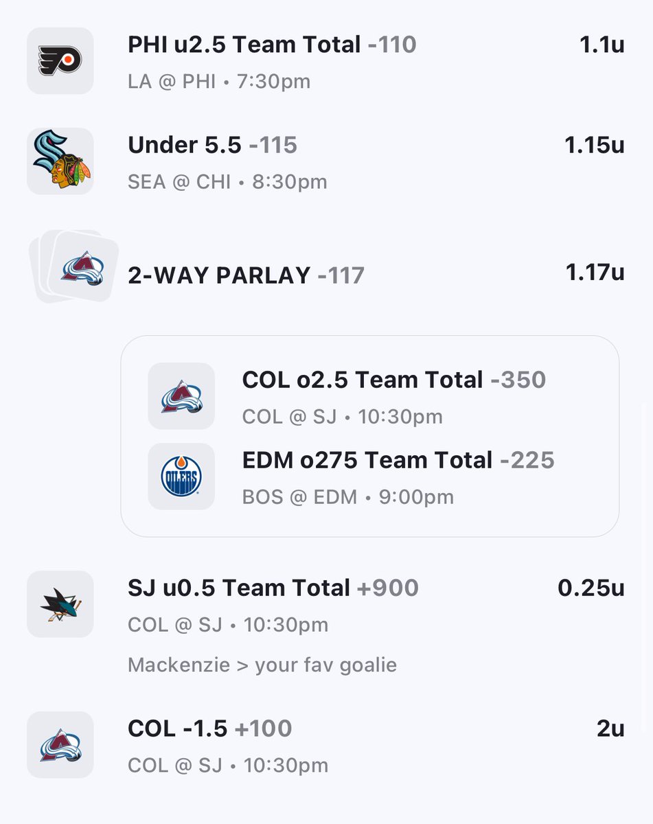 SushiBet's tweet photo. Huge NHL Slate Ahead 🏒 👀

Let’s enjoy watching some hockey tonight why don’t we?😁

Have a great night everybody, tomorrow Friday so act like it🫡 https://t.co/KW8L2E2pfD