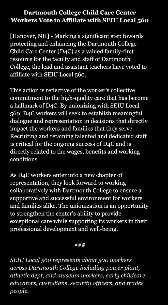 Welcome to the newest members of SEIU Local 560- the Dartmouth College Child Care Center lead and assistant teachers! #UnionStrong #UnionsForAll