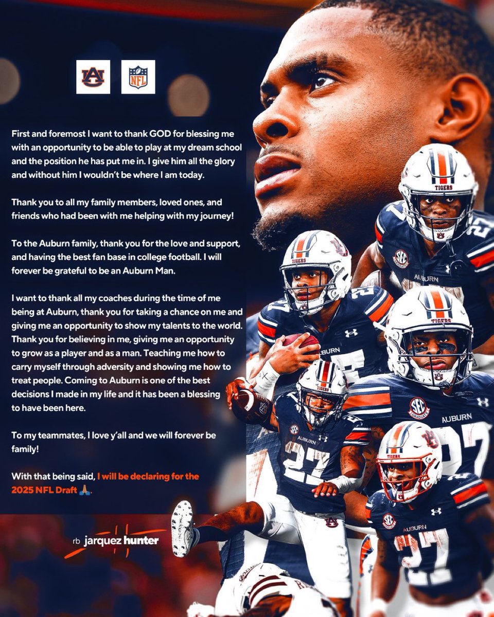 Jarquez Hunter makes his NFL intentions official

3,371 career rushing yards and 29 total TDs, rushing totals went up every single season, topping 1,200 yards in 2024

Fourth all-time on Auburn’s career rushing list