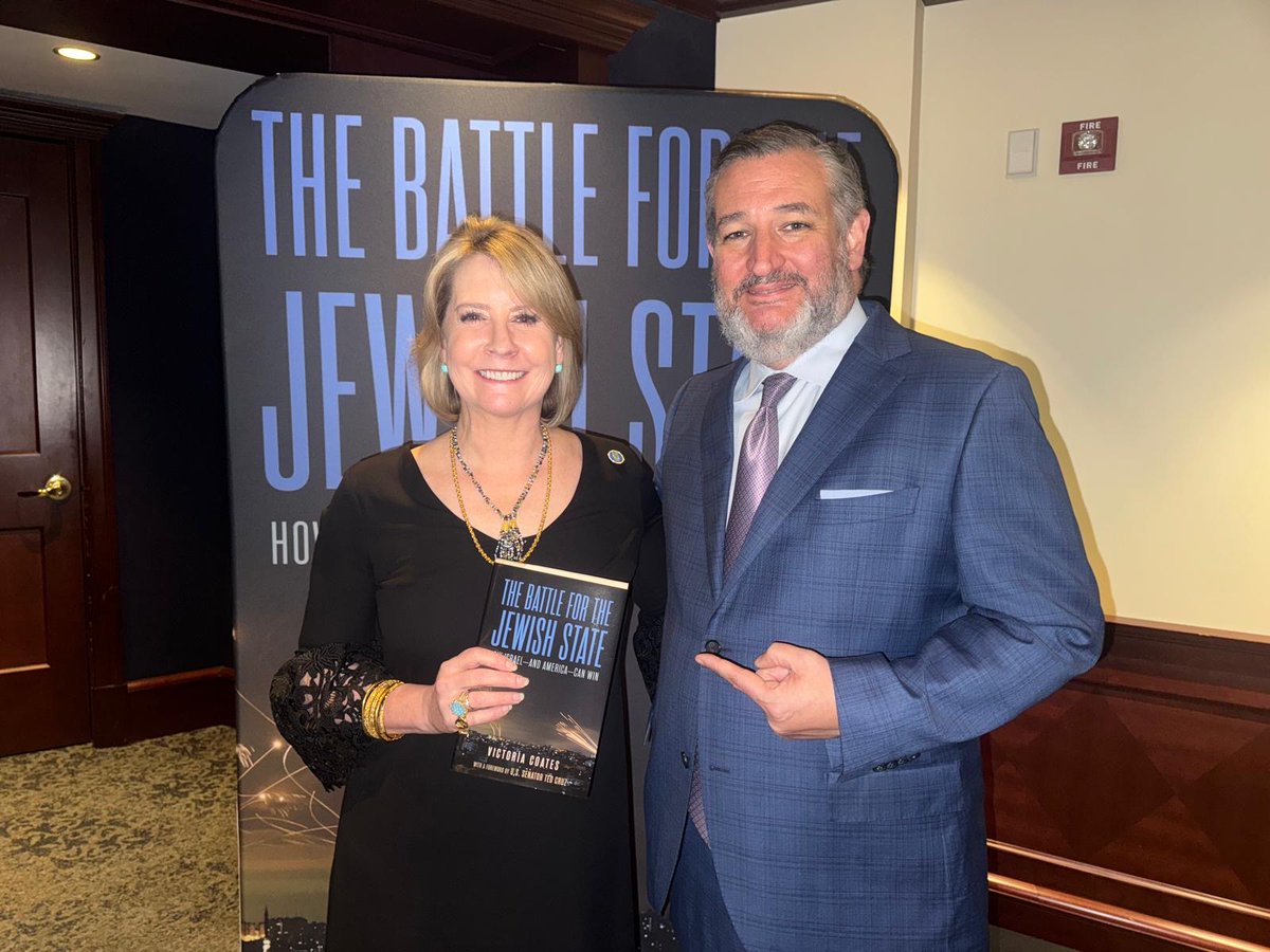 tedcruz's tweet photo. I was honored to be at @VictoriaCoates’s launch party for her book, the Battle for the Jewish State.

Her brilliant book shows how being pro-Israel advances America's national security interests in critical ways.
https://t.co/94FqbAG0rM https://t.co/j0mS3C8FlA
