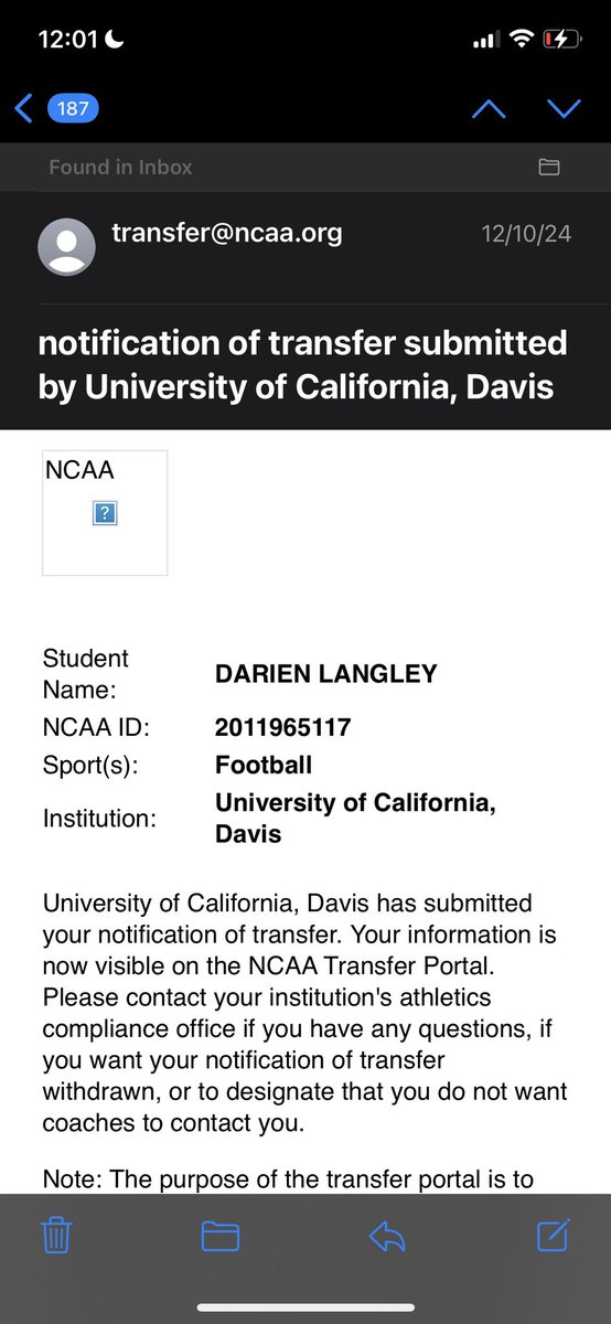 DarienLangley's tweet photo. I have entered the transfer portal with one year eligibility remaining. I would love to thank my teammates, coaches, and The University of California, Davis for the opportunities and experience they have given me. 

WR/DB
5’9 170
4.3 40 YARD DASH
GRAD TRANSFER https://t.co/X92TMLJPdH