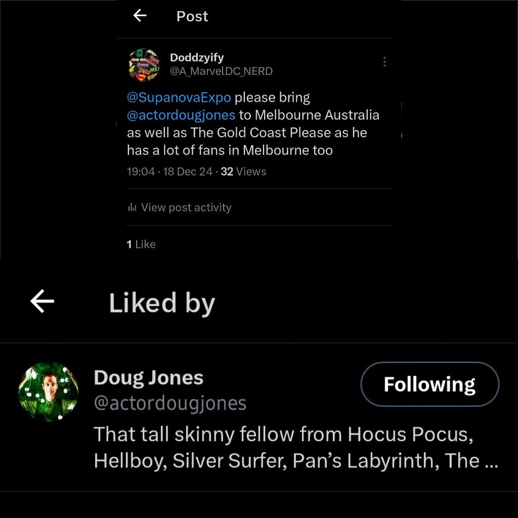 A_MarvelDC_NERD's tweet photo. @SupanovaExpo See Doug Jones Himself liked My Tweet at You SupaNova to Bring Him to Melbourne as Well as The Gold Coast In 2025!! https://t.co/fO8lwprN1U