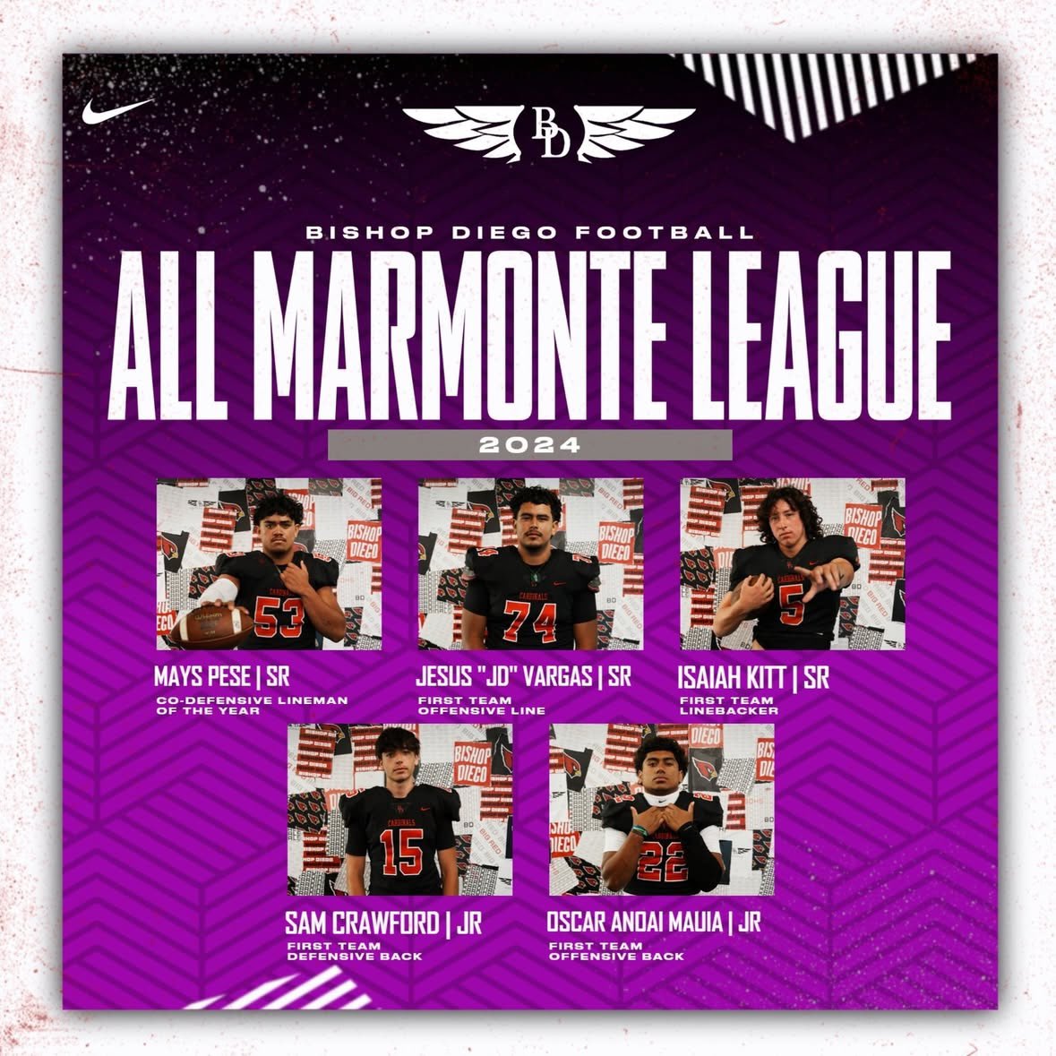 Congratulations👏 to our First Team All Marmonte League athletes🏈 Shoutout to Mays Pese for his second year in a row being awarded the Defensive Lineman of the Year🎉

#GoCardinals