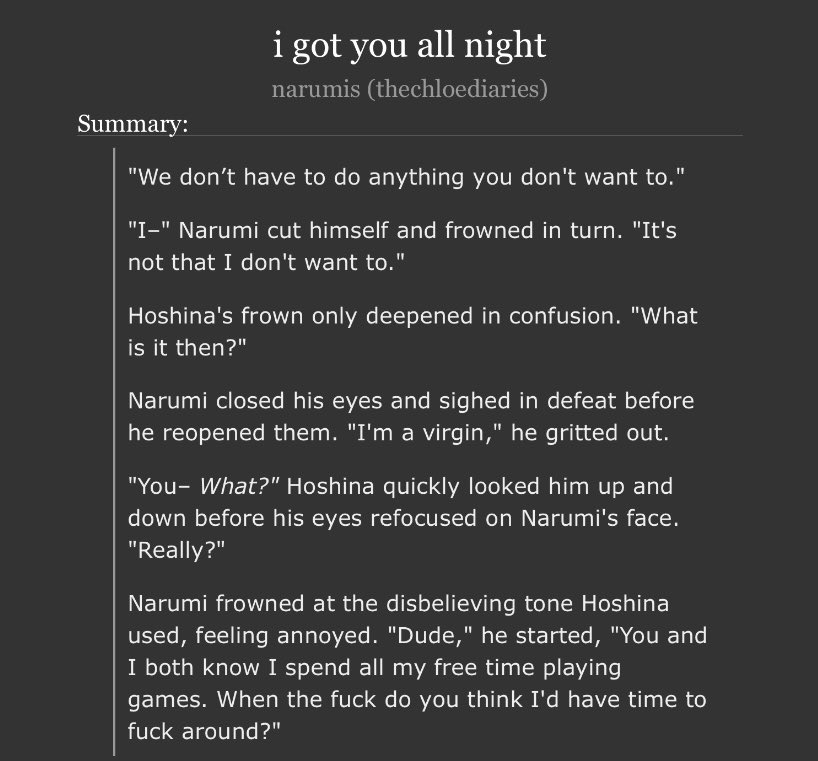 #naruhoshi — i got you all night ⭐️

✧ rated e, 6.7k words
✧ first time together, fluff &amp; smut
✧ virgin narumi, experienced hoshina
— #naruhoshiweekly2024 <a href="/NRHS_weekly/">naruhoshi_weekly</a>

🖇️ archiveofourown.org/works/61470340