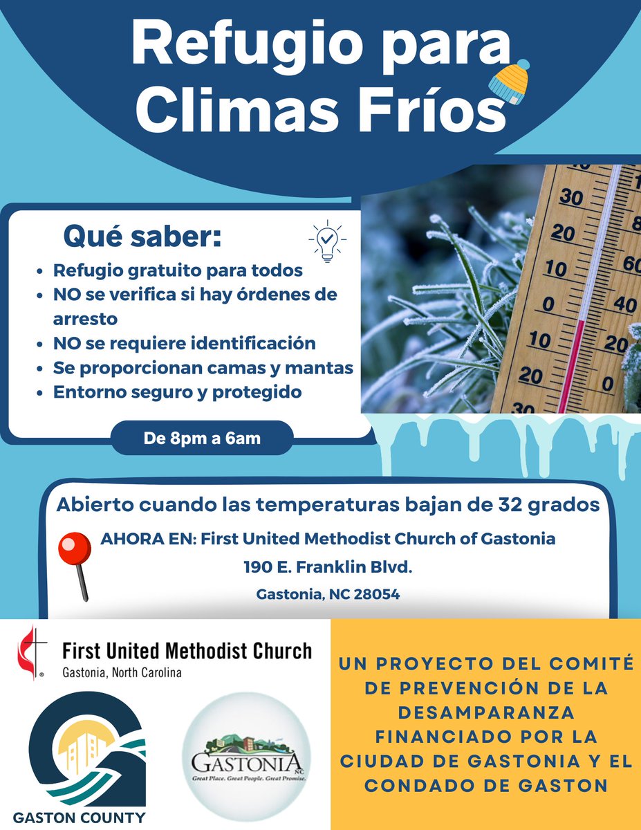 First United Methodist Church of Gastonia is the new location for the city- and county-supported Cold Weather Shelter. The shelter will open tomorrow night at 8 p.m., with temps expected to fall below 32 degrees on Friday. gastongov.com/CivicAlerts.as…