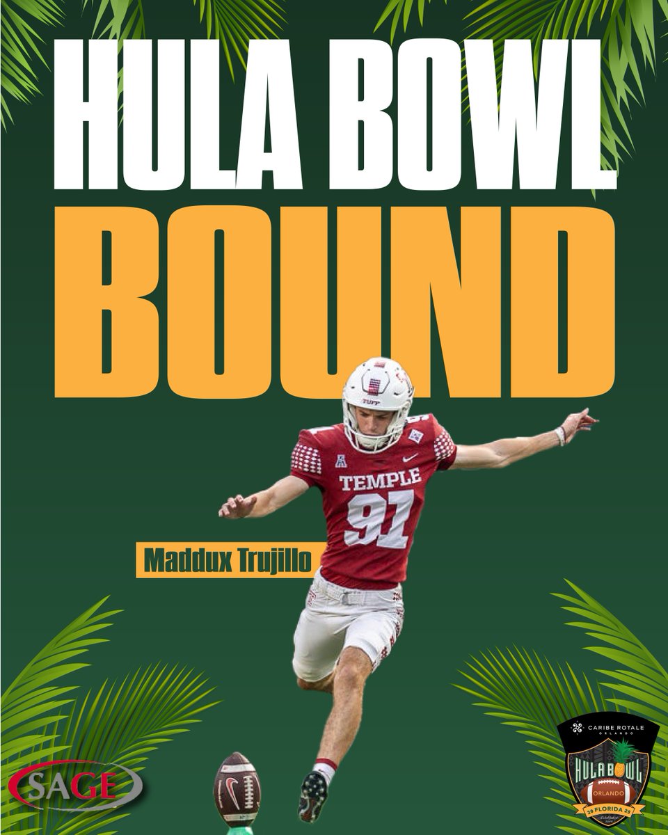 Hula Bowl (@hula_bowl) on Twitter photo Hula Bowl Bound! 👏🏼
<a href="/MadduxTrujillo/">Maddux Trujillo</a> has officially accepted his invite to the Caribe Royale Orlando 2025 Hula Bowl All-Star Game!
#TempleTUFF | #HulaBowl2025 🏈
<a href="/Temple_FB/">Temple Football</a> <a href="/SAGECards/">SAGE Collectibles</a> <a href="/cariberoyale/">Caribe Royale Orlando</a> <a href="/NFL/">NFL</a> <a href="/CoachScottFB/">Coach Scott Phillips</a> Hula Bowl Bound! 👏🏼
<a href="/MadduxTrujillo/">Maddux Trujillo</a> has officially accepted his invite to the Caribe Royale Orlando 2025 Hula Bowl All-Star Game!
#TempleTUFF | #HulaBowl2025 🏈
<a href="/Temple_FB/">Temple Football</a> <a href="/SAGECards/">SAGE Collectibles</a> <a href="/cariberoyale/">Caribe Royale Orlando</a> <a href="/NFL/">NFL</a> <a href="/CoachScottFB/">Coach Scott Phillips</a>