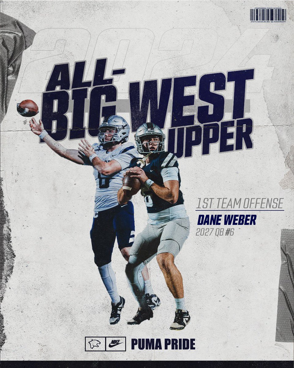 Dane Weber (@daneweber08) on Twitter photo Honored to be selected 1st Team All-League: Big West-Upper Div. Grateful to my Teammates and Coaches for helping me achieve this recognition.
<a href="/chaparralpumafb/">Chaparral Puma Football</a> <a href="/GregBiggins/">Greg Biggins</a> <a href="/adamgorney/">Adam Gorney</a> <a href="/ChadSimmons_/">ChadSimmons</a> <a href="/CraigHaubert/">Craig Haubert</a> <a href="/BrandonHuffman/">Brandon Huffman</a> <a href="/latsondheimer/">eric sondheimer</a> <a href="/Coach_Ramer/">Coach Ramer</a> <a href="/CoachDeeWR/">D’Vonte McKneely</a> Honored to be selected 1st Team All-League: Big West-Upper Div. Grateful to my Teammates and Coaches for helping me achieve this recognition.
<a href="/chaparralpumafb/">Chaparral Puma Football</a> <a href="/GregBiggins/">Greg Biggins</a> <a href="/adamgorney/">Adam Gorney</a> <a href="/ChadSimmons_/">ChadSimmons</a> <a href="/CraigHaubert/">Craig Haubert</a> <a href="/BrandonHuffman/">Brandon Huffman</a> <a href="/latsondheimer/">eric sondheimer</a> <a href="/Coach_Ramer/">Coach Ramer</a> <a href="/CoachDeeWR/">D’Vonte McKneely</a>