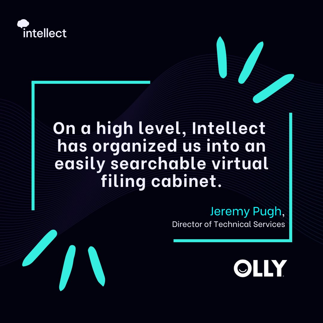 Jeremy Pugh, Director of Technical Services at Olly, calls Intellect a 'searchable virtual filing cabinet.' With our #QualityManagement solutions, organize data, empower your team, boost efficiency, and drive #innovation. #IntellectQMS #HappyCustomer