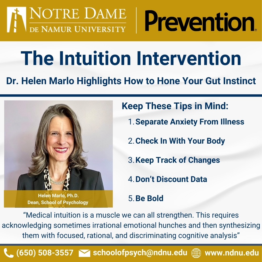 NotreDameCA's tweet photo. Dr. Helen Marlo shares expert tips on strengthening your gut instinct in Prevention Magazine! โจ
If you would like more information, check out https://t.co/jmrhL27pgU #NotreDameDeNamur #PreventionMagazine #MentalHealth #PscychologyMasters #MFT #LPCC #PsyD #Therapist https://t.co/aEwS0Q6uo1