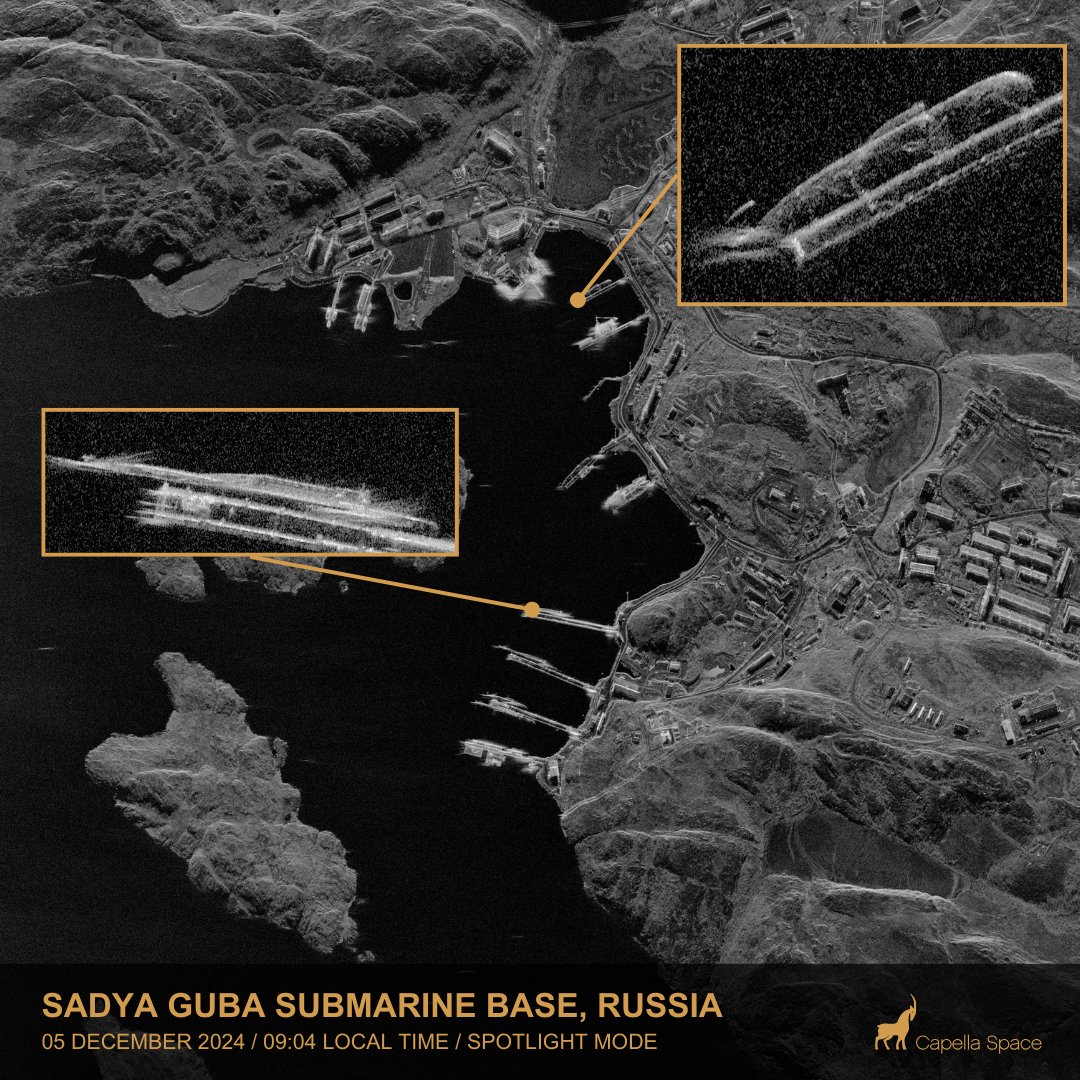 A Capella Space SAR image of possible strategic nuclear powered ballistic missile submarines and tactical nuclear powered attack submarines at Russia's Sadya Guba Submarine Base