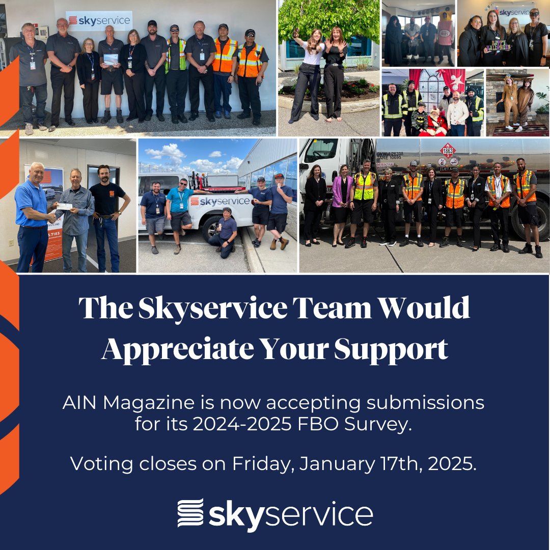 Skyservice FBOs are elevating the standards for innovative, sustainable, and safe FBO services and operations. If you've had the chance experience what we have to offer the private aviation community, we would appreciate your support.

Vote Here: hubs.li/Q030hc7N0