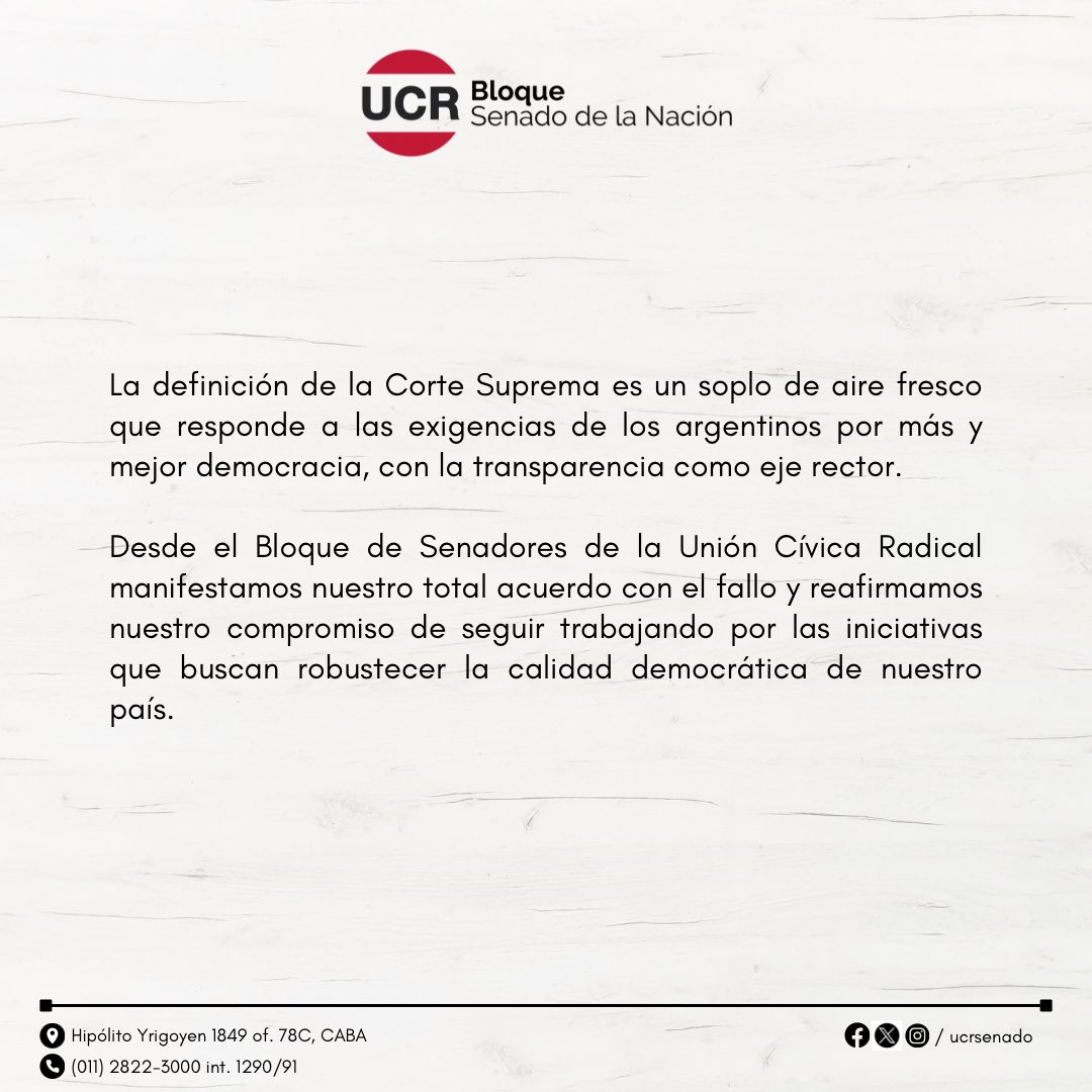 📝 Comunicado: El #BloqueUCR manifiesta su total acuerdo con el fallo de la Corte Suprema de Justicia rechazando la reelección indefinida de Gildo Insfrán.

#UCR #Senado #Argentina