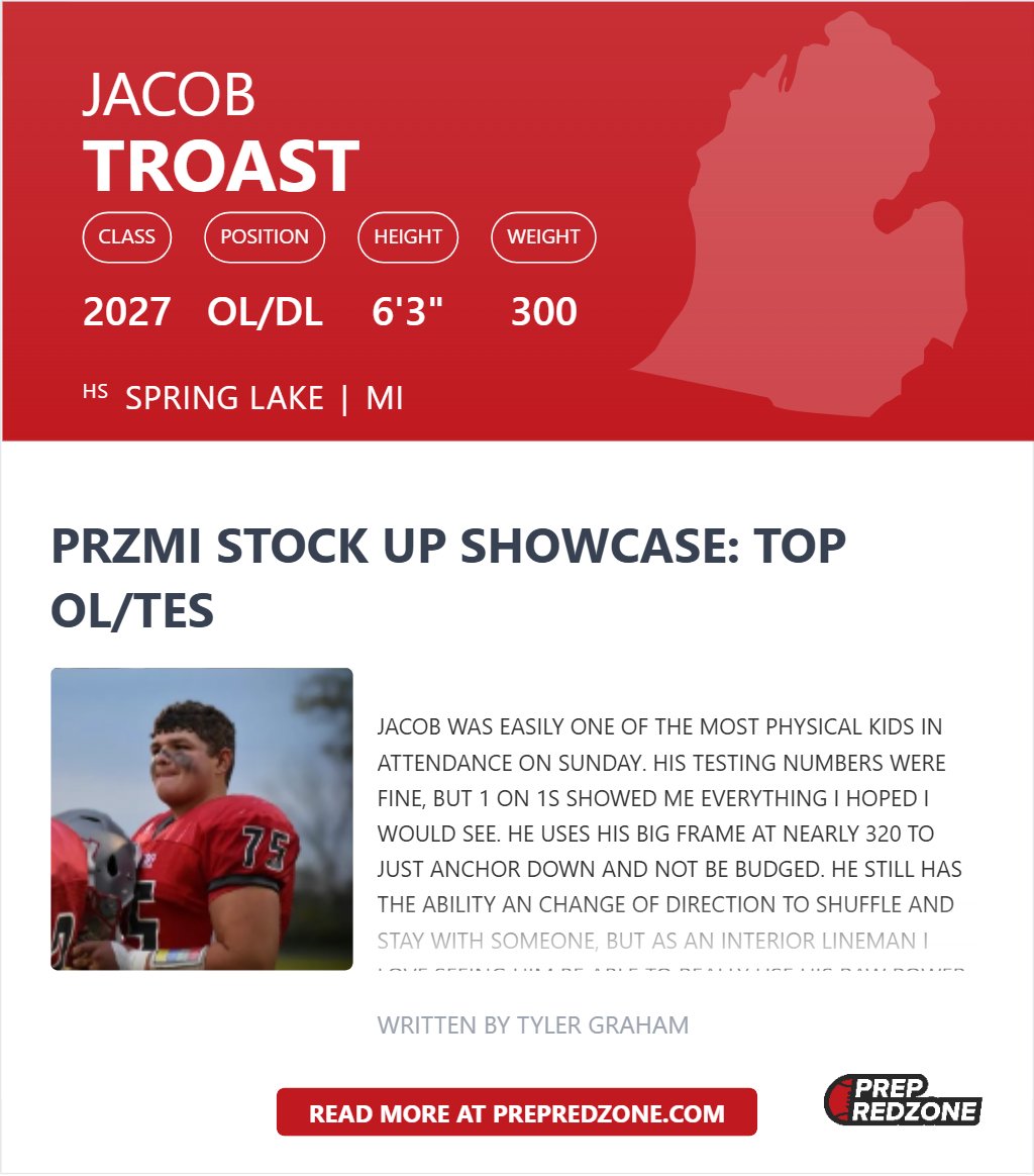 Thanks <a href="/PrepRedzoneMI/">Prep Redzone Michigan</a> for the write up.  Stock up was great and I'm looking forward to continuing my journey.
<a href="/coachmallory2/">Cody Mallory</a> 
<a href="/SpringLakeFB/">Spring Lake Football</a>