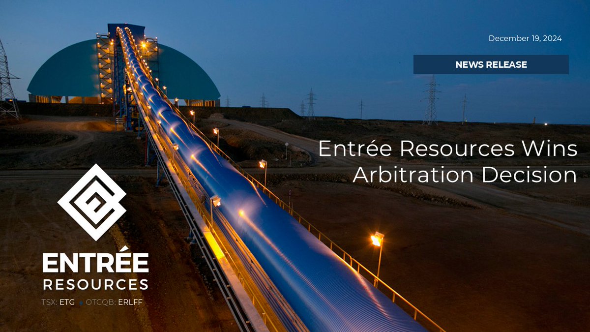 EntreeResource's tweet photo. NEWS - Entree Resources Wins Arbitration Decision
Read the news: https://t.co/ROzQDHKURn
$ETG $ERLFF #oyutolgoi #EntreeResources #copper #mongolia https://t.co/9SEp3HVatQ