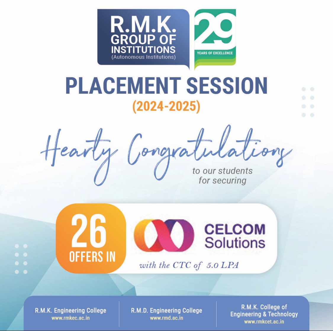 rmdecprincipal's tweet image. Placement Session 2024-25
  
M/s. Celcom Solutions has recruited 26 students from the 2021-2025 batch at R.M.K.  Group of Institutions. 

Congratulations to our students for securing offer with CTC of 5.0 LPA. 
 
#rmdengineeringcollege #placement #cellcom #rmkgroupofinstitutions