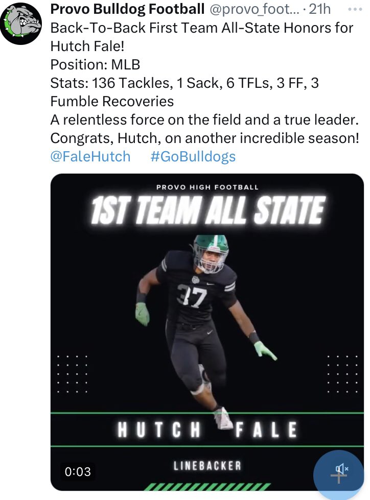 So grateful to be voted 1st Team All-State for the 2nd year in a row. Grateful to my Heavenly Father and all the coaches for voting for me. Also grateful to continue the tradition of great linebackers at Provo High, and excited for our future linebackers as well.