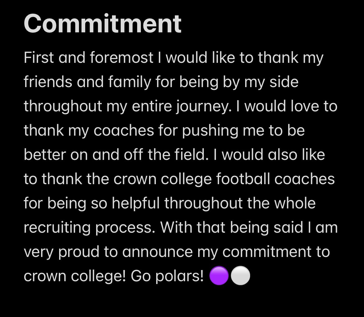 Commited‼️ so thankful <a href="/_Coach_Franz/">Coach Franz</a> <a href="/CrownCollegeFB/">Crown College Football</a>