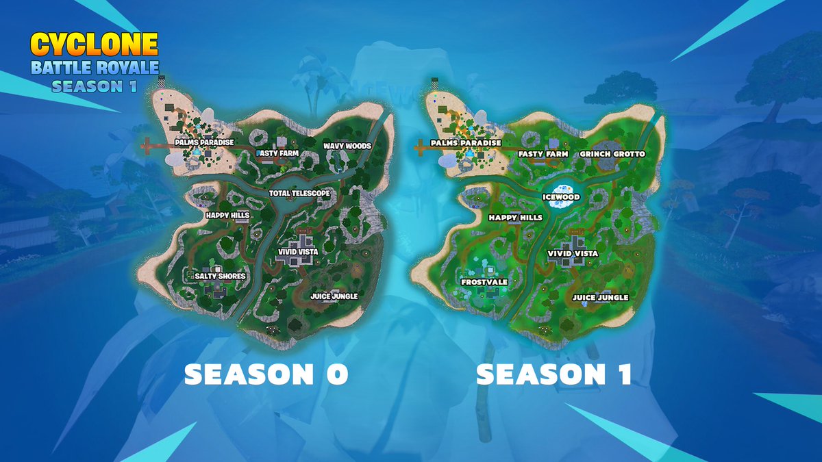 TheFindby's tweet photo. EVOLUCIÓN DEL MAPA‼️🏝️
¡El mapa ha evolucionado con la llegada del frío a la isla! 🧊
Dos ubicaciones han sido removidas y se han introducido 3 más.
Total Telescope y Wavy Woods han desaparecido del mapa y han sido reemplazadas por Icewood y Grinch Grotto, la guarida secreta de el Grinch y donde encontrarán mucho botín.
También a tornado un nuevo look Salty Shores que ahora ha cambiado a Frostvale, un pueblito frío con mucho equipamiento helado. 
#Fortnite #FortniteC6S1 #FortniteCreative