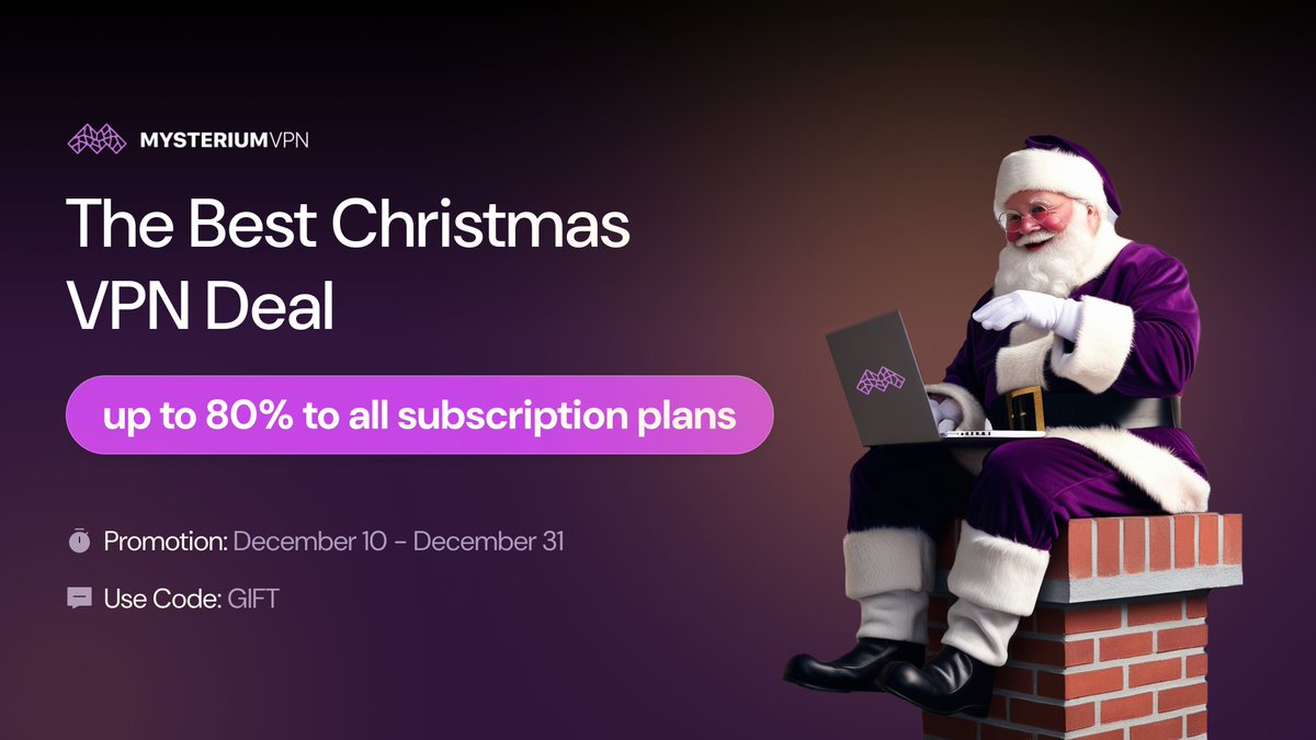 🎄🎁 Celebrate the holidays with a special gift from Mysterium VPN! 🎁🎄Enjoy up to 80% OFF on all subscription plans during our Christmas Sale! 🌟 
🗓️ Promotion Dates: December 10 - December 31 
🎟️ Use Code: GIFT 
Stay safe and secure online this holiday season—don’t miss out on