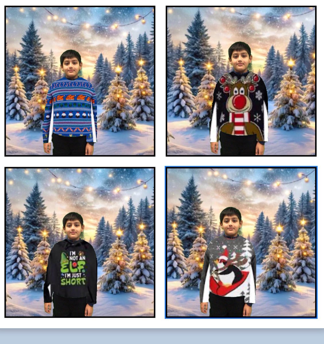 P6LorneStreet's tweet photo. Christmas jumpers using green screen @DoInkTweets . P6 pupils made a collage of themselves in 4 different jumper designs. @GlasgowRTC @DL_for_All #ChristmasJumperDay https://t.co/oSHE7FAFSC