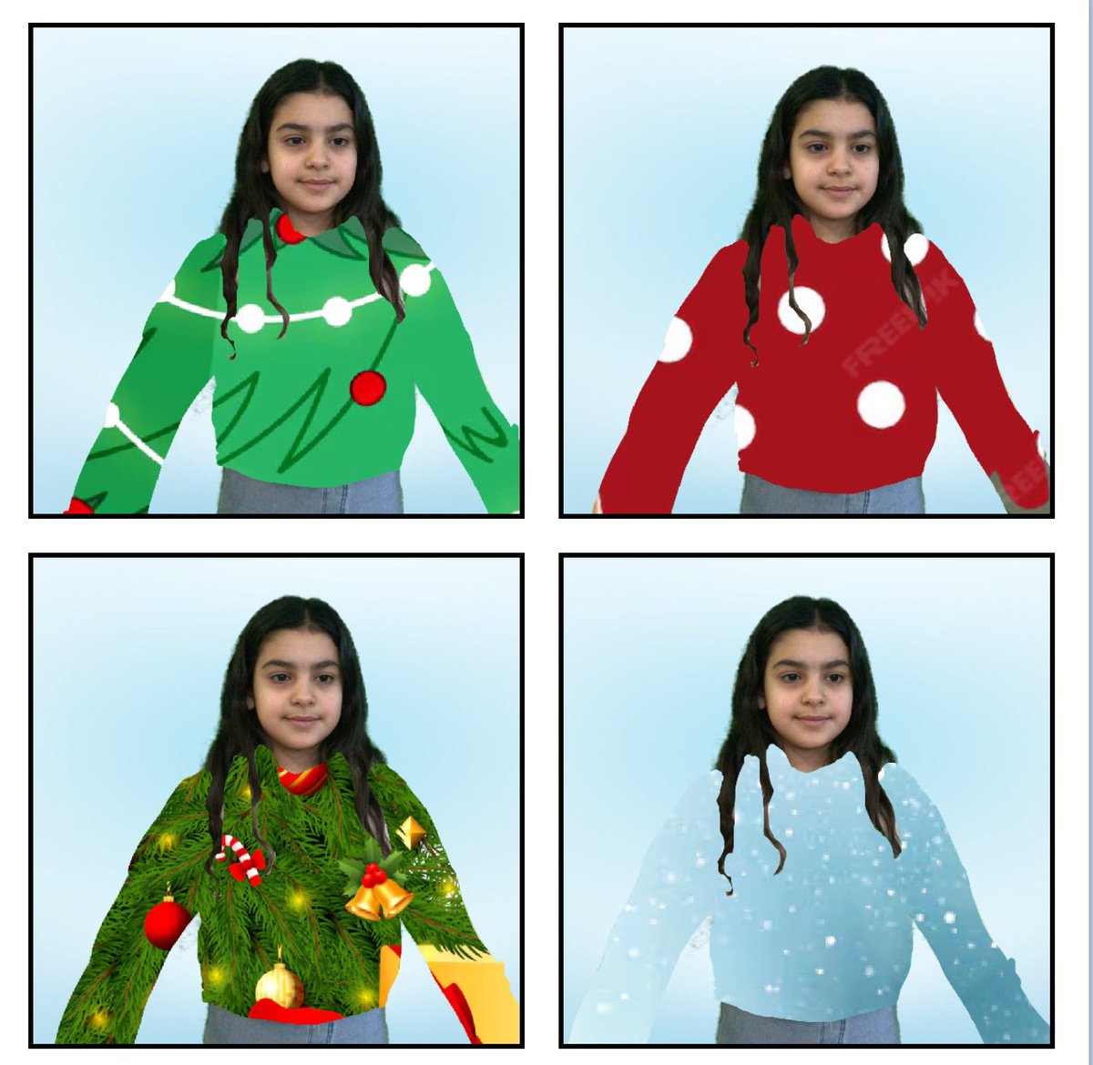 P6LorneStreet's tweet photo. Christmas jumpers using green screen @DoInkTweets . P6 pupils made a collage of themselves in 4 different jumper designs. @GlasgowRTC @DL_for_All #ChristmasJumperDay https://t.co/oSHE7FAFSC
