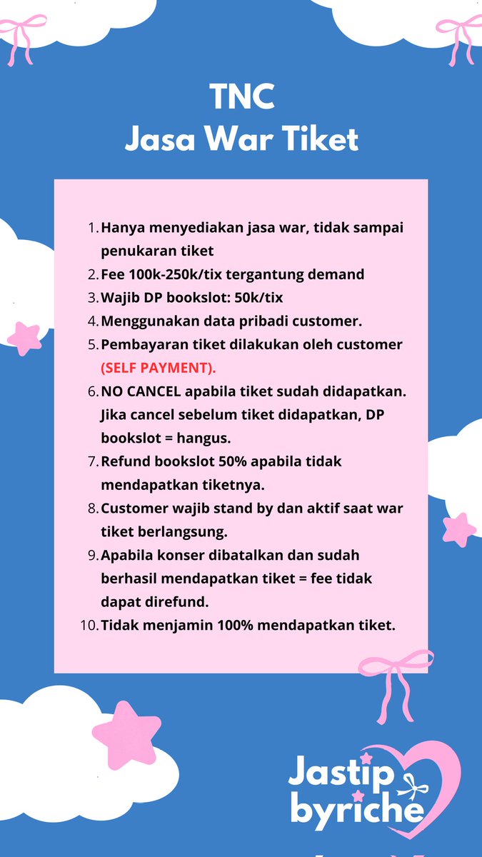 jastipbyriche's tweet photo. Open Jaswar GMMTV FANDAY 17 in JAKARTA

✅Fee: 150k/tix
✅Data pribadi + self payment
✅100% Trusted

☎️DM US

#GMMTVFANDAY17
#SEAFANDAYxJAKARTA
#PONDFANDAYxJAKARTA
#GMMTV https://t.co/93HUH3II4m