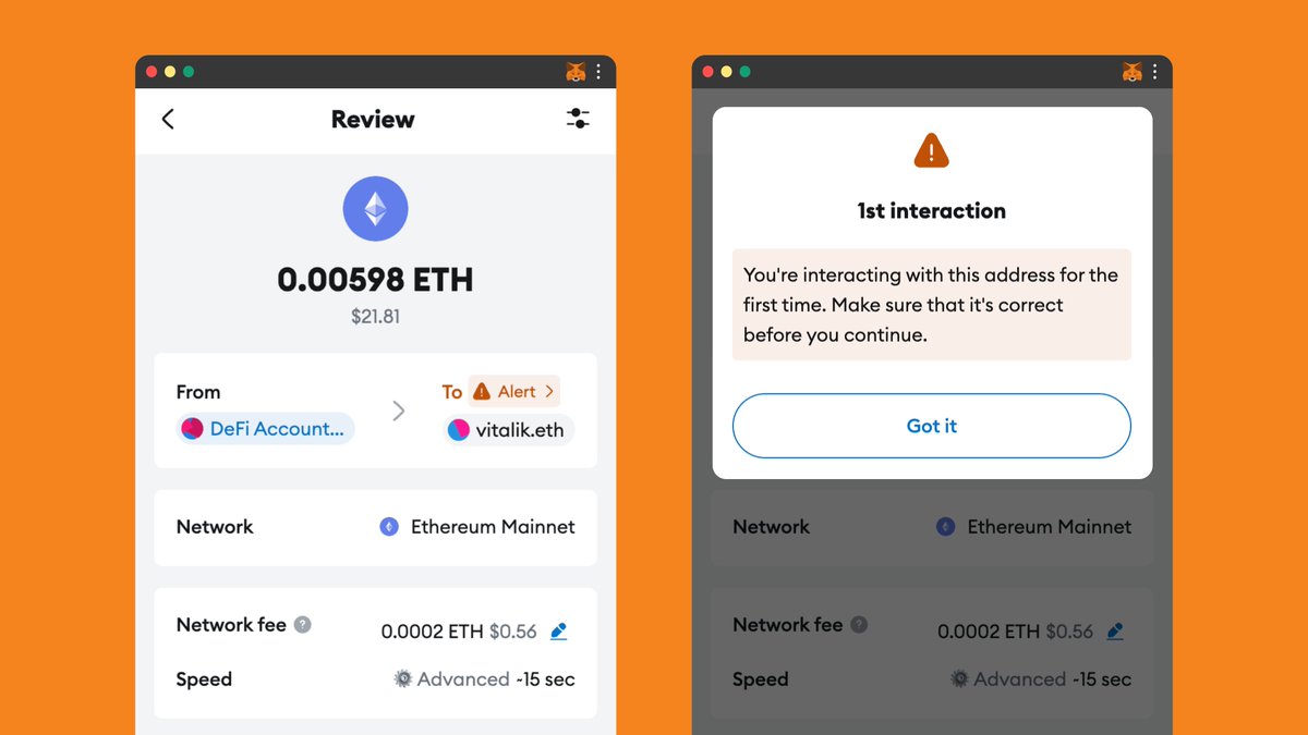 MetaMask's tweet image. Transaction confirmations: improved. ✅
1. A refreshed, simpler design
2. The first time you interact with a new address, you'll see a warning to make sure it's what you expect
Try it and let us know what you think! 🦊