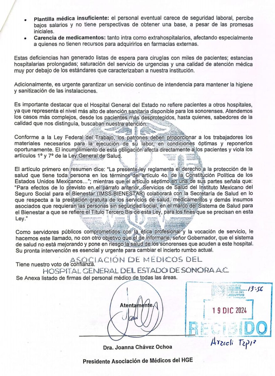 Es para mi un orgullo haberme formado en <a href="/HgeSonora/">Hospital General del Estado de Sonora</a> y me duele ver las carencias con las que se trabaja actualmente; la Asociación Médica del Hospital General entregó este día, carta al gobernador <a href="/AlfonsoDurazo/">Alfonso Durazo</a> explicando situación y solicitando apoyo.
facebook.com/share/p/1UUkpj…
