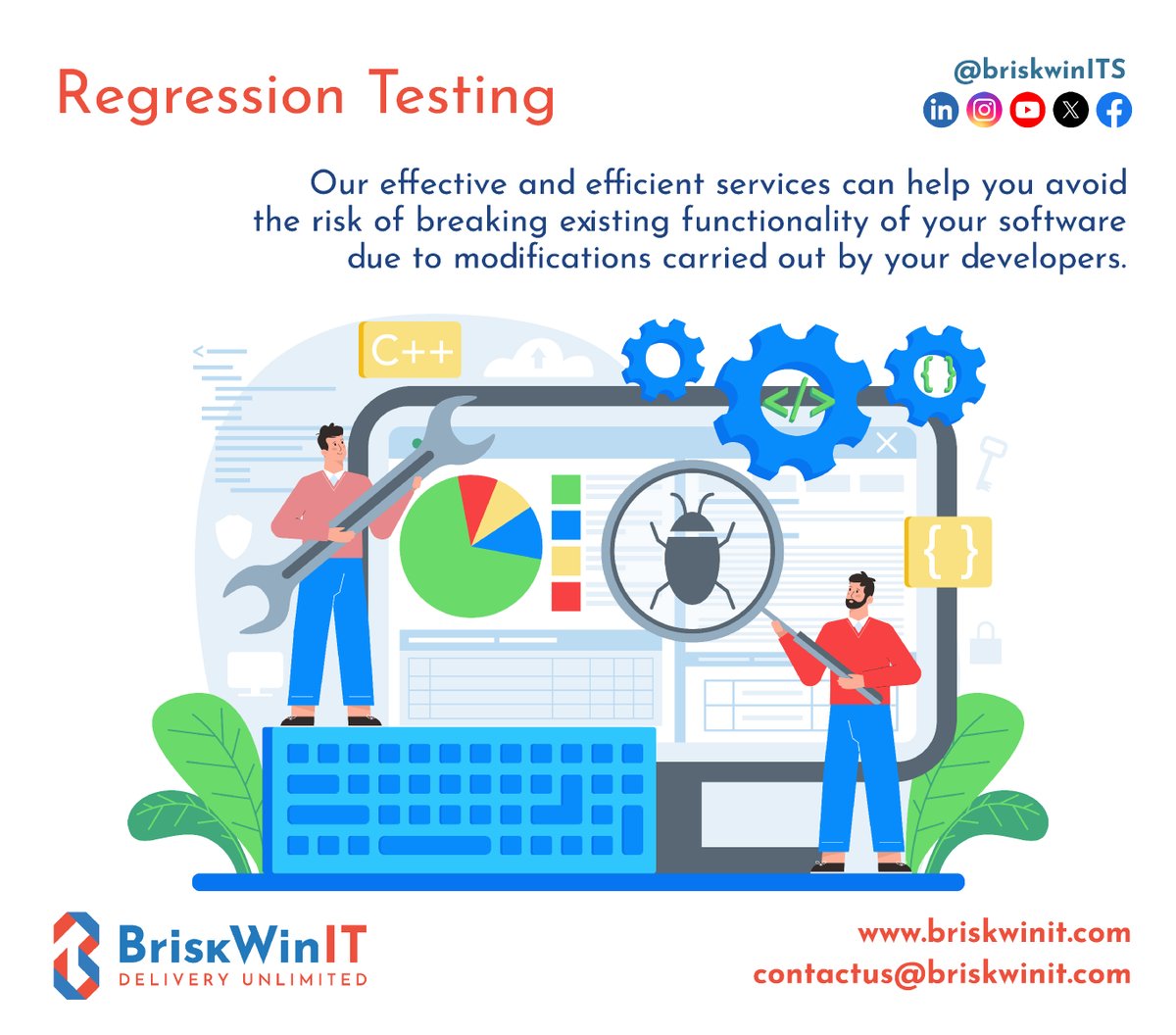 BriskWinITS's tweet image. Discover how regression testing plays a crucial role in maintaining software stability amidst frequent code changes in the following blog linkedin.com/pulse/how-regr… #RegressionTesting #SoftwareStability #CodeChanges #QualityAssurance #SoftwareTesting #TechInsights #ReliableSoftware
