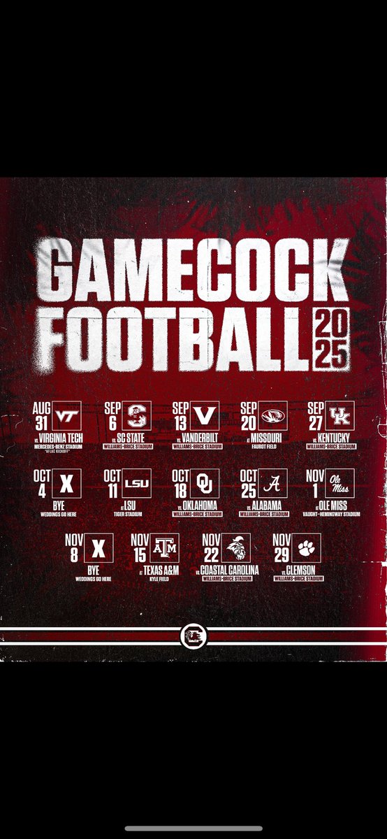 JB1⚡️ (@jaredb_14) on Twitter photo The 2025 <a href="/GamecockFB/">South Carolina Football</a> schedule is here! Check out what's planned for next fall.
➡️gamecocksonline.com/2025-football-…
#Gamecocks | #ForeverToThee The 2025 <a href="/GamecockFB/">South Carolina Football</a> schedule is here! Check out what's planned for next fall.
➡️gamecocksonline.com/2025-football-…
#Gamecocks | #ForeverToThee