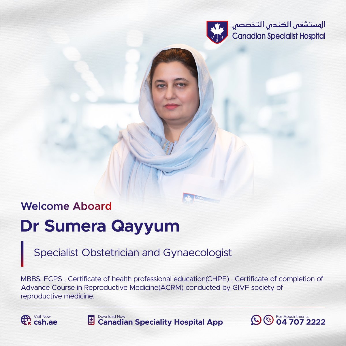 cshdubai's tweet photo. Excited to welcome Dr. Sumera Qayyum, Specialist Obstetrician &amp; Gynaecologist, to Canadian Specialist Hospital, Dubai! 🌸

📍 Abu Hail
🔗 Book an Appointment
📞 Call/WhatsApp: +971 47072222
Your trusted partner in women’s health. 💖 #WomenHealth #DubaiDoctors https://t.co/FsfcdKcd5R