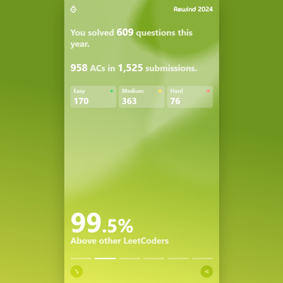 dhairyacodes's tweet image. 645 @LeetCode  problems solved 🎯 Each step honed my DSA &amp;amp; problem-solving skills. Diving deeper into Competitive Programming—Knight Badge &amp;amp; better ranks, here I come! 🛡️💻
Link: leetcode.com/rewind/2024/?s…
 #LeetCode #CompetitiveProgramming #CodingJourney 
#GFG #codechef #codeforces