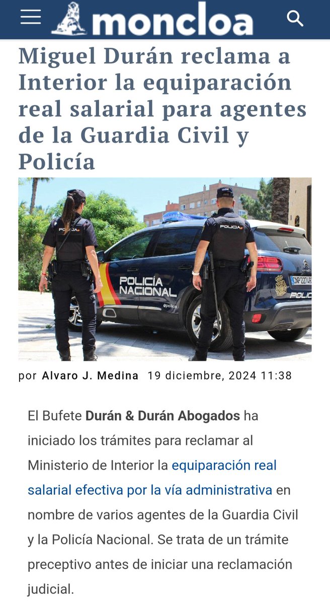 ERequiparacion's tweet photo. Movimiento Reacciona EquiparaciónREAL👮‍♂️👮‍♀️🟩🟦🚔

📰 "LA CONSTITUCIÓN AVALA LA EQUIPARACIÓN REAL DE LA GUARDIA CIVIL Y POLICÍA NACIONAL"

El Bufete Durán & Durán Abogados @DDuranabogados ha iniciado los trámites para reclamar al Ministerio de Interior la equiparación real salarial efectiva por la vía administrativa en nombre de varios agentes de la Guardia Civil y la Policía Nacional.

@mdurancampos 

🗞️𝖥𝗎𝖾𝗇𝗍𝖾:
@Moncloa_com 
https://t.co/clqMVG6nnL

📰
https://t.co/W4csb0ZHCV