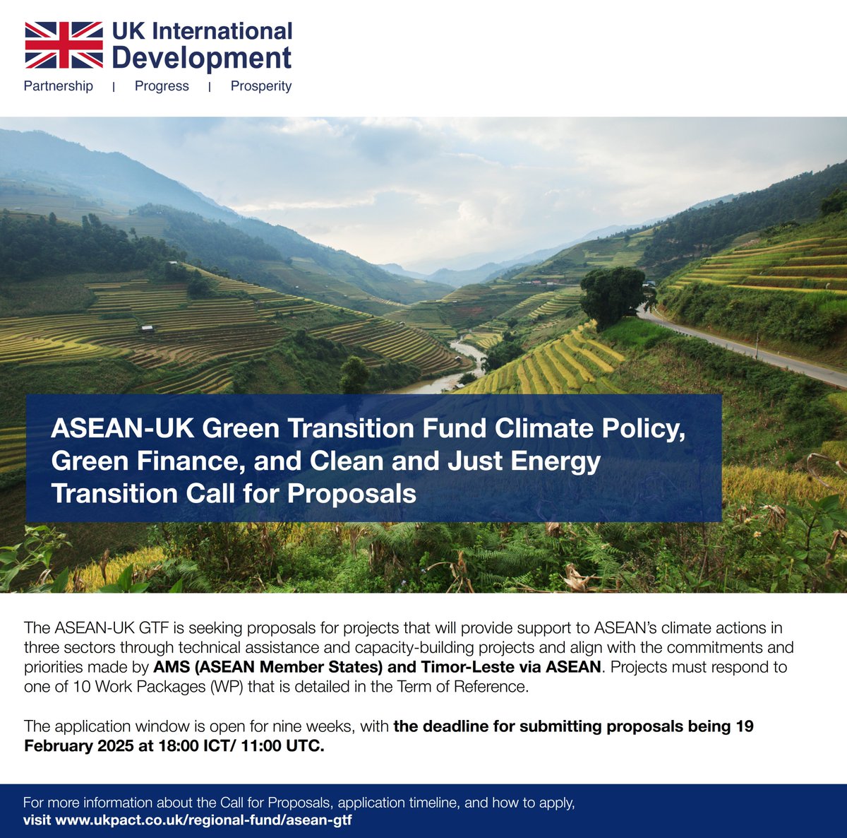 We are pleased to announce that the ASEAN-UK GTF (Green Transition Fund)  programme has launched a new funding opportunity for projects under the  first three pillars: Climate Policy, Green Finance, and Clean