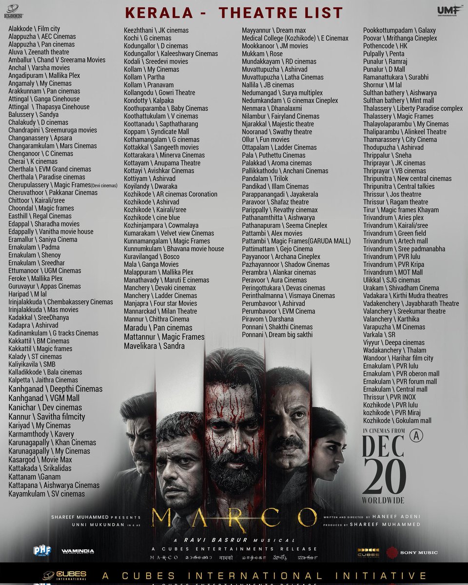 ArjunVcOnline's tweet image. #MARCO theatre list.🎉

Biggest release for Unni Mukundan. 🔥

#MarcoDec20
#UnniMukundan