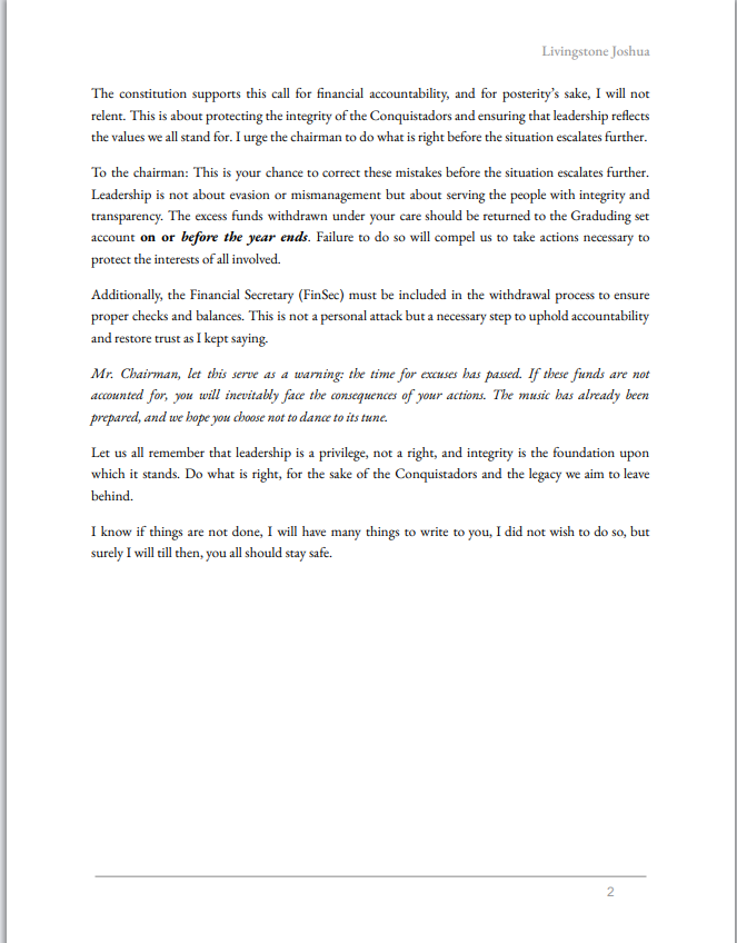 Is_Livingstone's tweet photo. Accountability is non-negotiable. Excess funds withdrawn must be returned before year-end, or Mr. Chairman will face the music. 
Leadership demands transparency, not evasion. 
FinSec must step in to check and balance this process. https://t.co/Ygieeo2a5s