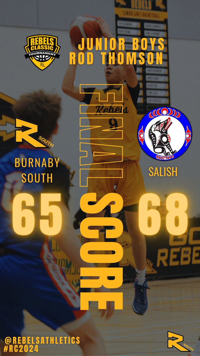 RebelsAthletics's tweet photo. Junior Boys - Game 19

@SalishSecondary 68
@RebelsAthletics 65

⭐️POG⭐️
Salish - Chi Chi Ezenwaka

📺https://t.co/znBwLd342J

#RT2024 | #RebelsClassic🖤💛🏀 https://t.co/oXtT5bbFQU